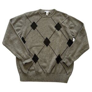Geoffrey Beene Gray Argyle Sweater L 100% Cotton Crew Neck Grandpa Preppy Mens